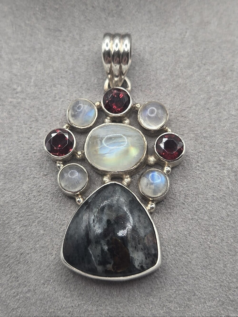 Source Unknown Sterling Silver Moonstone, Garnet & Dark Gray Stone Pendant